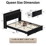 nesture. Queen Storage Bed Frame, Upholstered Platform Bed with 2 Drawers, Velvet Vertical Tufted Headboard with LED Lights and Charging Station, Wood Slats Support, No Box Spring Needed, Matte Black