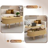 Fluted Lift Top Coffee Table, Oval MDF Center Table with Hidden Compartment