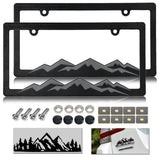 NJNYLLC Mountain License Plate Frames - Plastic Car Tag Holders with Raised Mountain Design, Gray on Black, 2 Pack 2 Hole with Screws & Caps, Mountain Vinyl Sticker Included