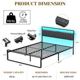 Woanke Queen Size Bed Frame with Storage, Queen Bed Frame with Headboard & LED Lights & Charging Station, Black Queen Bed Frame No Box Spring Needed, Metal Bed Frame Noise-Free/Simple Assembly, Black