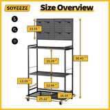 SOYEEZE Large Size Fishing Rod Holders for Garage, 3-Tier Fishing Pole Rack with Pegboard and Hooks, Fishing Gear Tackle Box Organizer Up to 12 Rods, Rolling Fishing Storage Cart with Lockable Wheels
