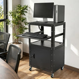 Mobile AV Cart with Locking Cabinet, Adjustable Rolling Computer Cart Large Utility Carts w/Pullout Keyboard Tray 3 Outlets & 2 USB Ports for Home Office