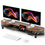 Dual Monitor Stand Riser, 39.4 Inch Large Monitor Stand with Storage Shelf, 2-Tier Desk Organizer for PC, Laptop, Printer | 2 Slots for Phone/Tablet, Computer Monitor Riser, Wood Desk Shelf for TV