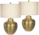 Franklin Iron Works Maison Loft Rustic Farmhouse Table Lamps 27" Tall Set of 2 Antique Brass Textured Hammered Metal Cream Linen Drum Shade for Bedroom Living Room Bedside Nightstand House Office
