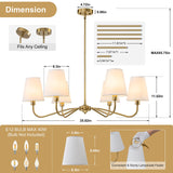 Brass Gold Chandeliers for Dining Room, 36" 6 Light Antique Modern Chandelier Light Fixture with White Fabric Shade, Classic Kitchen Pendant Lights over Table for Living Room Bedroom Entryway Foyer