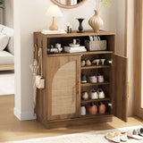 HOKYHOKY Set of 2 Rattan Shoe Storage Cabinet with 2 Arched Doors, 5-Tier Wood Shoe Organizer with Adjustable Shelves, Farmhouse Boho Shoe Rack Cabinet for Entryway,Rustic Oak