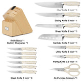 WANGMAZI Knife Set, 15 Pcs Knife Block Set with Built-in Sharpener, High Carbon Stainless Steel Kitchen Knives, Japanese Stainless Steel Knives, Home Essentials Perfect for Gifts, Natural Pro