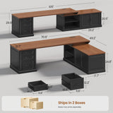 SEDETA Farmhouse L Shaped Desk with Drawers, 70.9" Home Office Desk with Storage Cabinet and Storage Shelves, L Shaped Computer Desk with Power Outlet，Black+Brown