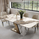 POVISON 63" Hobart Modern Dining Table for 4, Glossy Sintered Stone Dining Tabletop with White and Gold U-Shape Carbon Steel Pedestal, 63 inch Rectangle Dining Room Table (Table only)