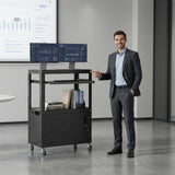Mobile AV Cart, Adjustable Height Rolling Computer Cart with Pullout Keyboard Tray – Locking Cabinet, 3 Outlets & 2 USB Ports, Lock Brake Casters–Media Utility Cart on Wheels for Home/Office