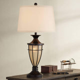 John Timberland Mission Cage Table Lamps 33" Tall Set of 2 with Nightlight Lantern Brushed Iron Brown Beige Fabric Shade for Living Room Bedroom House Bedside Nightstand Home Office Entryway