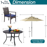 PHI VILLA 5pc Patio Dining Set with Umbrella, Round Table, Rattan Chairs