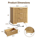 24'' Nightstands Set of 2 with Charging Station, 3 Drawers Dresser, Wood End Table with Large Storage, Modern Mid-Century Bedside Table for Bedroom, Living Room, Office, Natural Oak
