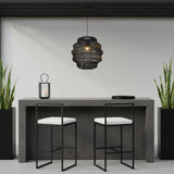 Outdoor Handmade Rattan Pendant Light Coastal Boho 1-Light 20 in. Matte Black Tiered Drum Ceiling Light for Patio with Wicker Rattan Shade