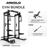 Mikolo Power Cage, 2000LB Power Rack with Independent Dual Pulley System, Multi-Function Home Gym Workout Machine for Cable Crossover (Black with Barbell)