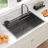 Sarlai 33 Inch Waterfall Kitchen Sink - 33x22 Black Waterfall Drop In Sink Workstation Stainless Steel 16 Gauge Smart Sinks Multifunction Single Bowl Top Mount Kitchen Sinks with Faucet Combo