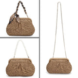 tutuebobe Summer Straw Bag Clutch Purses for Women, Beach Woven Straw Crossbody Handbags with Pearl Chain, Dumpling Wicker Purse (brown)