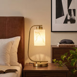 Mieloxiy Modern Industrial Table Lamp, Marble Pattern Glass Shade Desk Lamp with C-Shaped Gold Metal Base, Bedside Nightstand Lamp for Bedroom, Living Room, Office, E26 Base