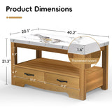 LubanNese Coffee Table 40" Faux Marble 2-Tier Modern Wooden Rectangle Center Table with Drawers for Living Room, Conference Room, Thickened Top, Small Space Home Furniture (Natural Oak with Storage)