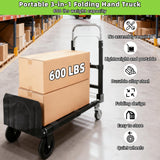 3 in 1 Folding Hand Truck, 600Lbs Capacity, Heavy Duty Collapsible Cart with Retractable Handle and 4 Rubber Wheels