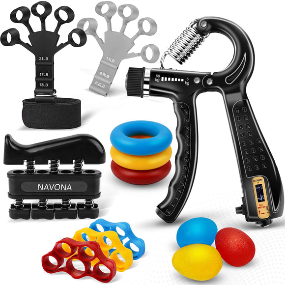 13 PCS Grip Strength Trainer Kit, Hand Gripper Strengthener, Forearm Strengthener, Finger Strengthener, Finger Exerciser, Stress Relief Ball, Forearm Workout Ring for Muscle Building and Injury Recover Navona
