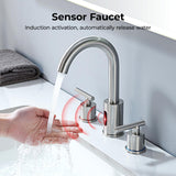 Charmingwater Touchless Bathroom Faucet for 3 Hole, 8 Inch Widespread Hands Free Bathroom Faucet with Automatic Sensor, 2-Handle Basin Mixer Vanity Taps with 360° Swivel Spout, Brushed Nickel