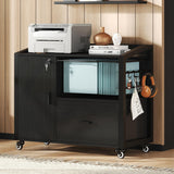 HSH File Cabinet with Wheels with Locks,Black Mobile Filing Cabinet for Legal/Letter Size, Wood Metal Printer Stand with Shelves