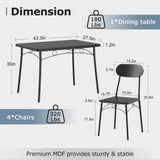 Dining Table Set for 4, 5-Piece Kitchen Table with 4 Chairs, MDF Board Tabletop with Metal Frame for Small Space