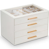 GUOER Jewelry Box for Women 4 Layers, Glass Lid Jewelry Organizer with 4 Drawers Cloud White PU Jewelry Storage Case for Necklaces Rings Earrings Bracelets Mother's Day