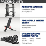 DONOW Smith Machine with Weight Stacks, Power Cage Home Gym System with LAT Pulldown Cable Crossover Multi-Functional Trainer with Dual Pulley System with Weight Bench Cast Iron Weight Plates 240lbs