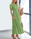 BTFBM Womens Summer 2026 Casual Midi Maxi Dresses Lightweight Short Sleeve V Neck Elastic Waist Boho Beach Dress Pockets(Green, Small)