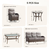 Luxury Patio Furniture Set with 6-inch Thick Cushions, Outdoor Furniture Set with High Back Swivel Chairs, 5 PCS Wicker Outdoor Conversation Set for Porch, Patio, Yard, Deck, Poolside, Brown/Beige
