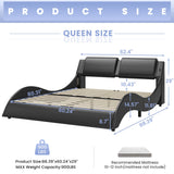 DICTAC Queen Bed Frame with Led Lights and Charging Ports Modern Upholstered Queen Size Platform Bed with Headboard Faux Leather Wave Like Curve Low Profile Platform Bed Frame,Wood Slats Support,Black