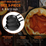 Suteck Cast Iron Skillets 3 piece set | 6", 8" & 10" Pre-Seasoned Cast Iron Pans with 3 Silicone Heat-Resistant Holders - Indoor and Outdoor Use