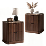 Lerivos Modern Fluted Nightstand Set of 2 with Charging Station, 22.8" Wide Wooden Bedside Table with 2 Drawers, Walnut Finish, Faux Marble Top, Curved Silhouette Design, End Table for Bedroom
