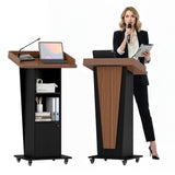 Podium Stand with Metal Wheels, Wooden Pulpit with 15° Tilted Desktop and Storage Cabinet, Built-in Cable Hole Lectern Desk