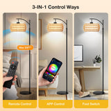 BLITZWILL Boho Floor Lamp with Remote/App/Foot Switch Control, Adjust Head, Dimmable 3 Color Temperatures, Smart 9W LED Bulb, Arc Rattan Tall Standing Lamp for Bedroom Office Living Room Farmhouse