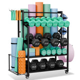 skypelia 4-Tier Dumbbell Rack Stand Only, 600LBS Adjustable Weight Rack for Dumbbells, Home Gym Storage Rack for Yoga Mat Kettlebells, Workout Equipment Storage Organizer with Wheels and Hooks