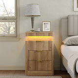 Yanosaku Night Stand Set of 2 with Charging Station, 3-Drawer Fluted LED Bedside Tables with Sliding Top & USB Outlets, Modern End Tables for Small Bedroom Living Room, Oak