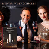 Febote Electric Wine Opener Set for Home Bar Party - 5-in-1 Automatic Rechargeable Corkscrew with Charging Base, Foil Cutter, Vacuum Stoppers, Aerator, Accessories Premium Mahogany Base - Brown