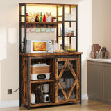 HOOBRO Bakers Rack with Power Outlet and LED Light, Microwave Stand with Sliding Barn Door, Coffee Bar Cabinet with 6-S Hooks, Kitchen Storage Shelf with Cabinet, Rustic Brown and Black BF23UDHB01