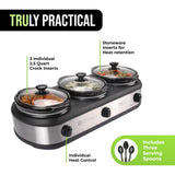 TRU Triple Buffet Server - Three 2.5 Quart Removable Crock Inserts - Slow Cooker & Food Warmer with Individual Heat Control - Includes Lid Rests & Serving Spoons