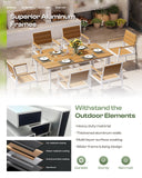 Oasbira Outdoor Dining Set, Patio Table and Chairs Set with Umbrella Hole, 7 Pieces HDPS + Aluminum Patio Dining Furniture Set for Backyard, Garden (White & Teak)