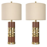 KIVDITZO 27.5" Rustic Living Room Table Lamps Set of 2 with Night Light, Leather Table Lamps with USB A+C Ports for Bedroom, Bedside Lamp with Linen Shade for Office Bedroom Nightstand(Bulb Included)