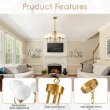 FEAZAC Modern Globe Chandelier 5 Light Mid Century White Milk Glass Vintage Sputnik Hanging Chandeliers Gold Pendant Light Fixtures for Dining Room Kitchen Living Room Bedroom