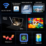 12 inch Tablet, Android 16 Tablet with Keyboard, 2K QHD Display for High-Res Gaming