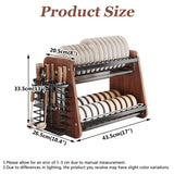 QIUHTR Modern Wooden 2-Tier Dish Drying Rack,Stainless Steel Dish Drainer,Saving Kitchen Space,with Removable Cutlery Holder,with Utensils Flatware Holder Set
