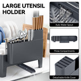 Urackify Expandable Dish Drying Rack, Stainless Steel Dish Rack with Aluminum Frame, Dish Drainer for Kitchen Counter, Space Saving Kitchen Drying Rack with Movable Utensil Holder, Gray