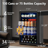 Tylza Beverage Refrigerator Cooler, 130 Cans 3.22 Cu.Ft Small Refrigerator with Low-E Glass Door, Lock, 17-Inch Beer Fridge for Drinks, Silver