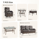 Luxury Patio Furniture Set with 6-inch Thick Cushions, Outdoor Furniture Set with High Back Swivel Chairs, 7 PCS Wicker Outdoor Conversation Set for Porch, Patio, Yard, Deck, Poolside, Brown/Grey